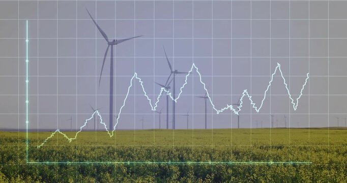 On start data line rising and falling over wind turbines visualizing power output before fading