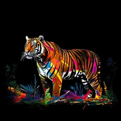 Fototapeta premium Colorfully Painted Tiger with Neon Stripes Stalking Through a Dark Jungle Scene