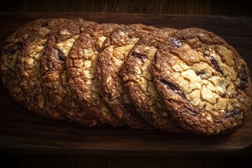 Chocolate chip cookies arranged in straight line on wood, Homemade bakery treat featuring biscuit recipe with cocoa sugar fresh crunchy texture on rustic board.
