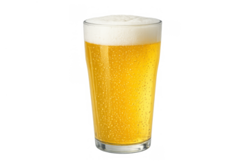 Cold beer in a glass with white foam and water drops, a crisp golden alcoholic drink on a transparent background