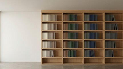 Minimalist wooden bookshelf filled with colorful books in modern room  
