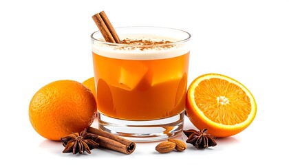 Orange beverage with cinnamon stick, garnished with star anise and oranges on a white backdrop