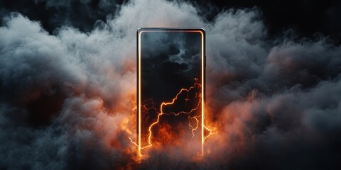 A digital art image featuring a fiery explosion with neon lights and abstract shapes in a dark atmosphere.