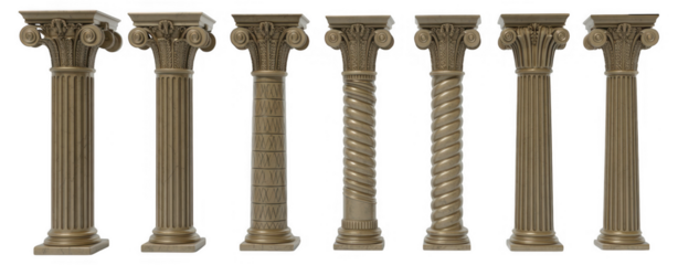 Seven ancient stone columns on black ancient columns isolated on a transparent background