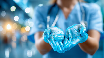 Pandemic preparedness lessons concept with person putting on disposable gloves, faceless healthcare worker, protective attire, safety protocol, infection control, defocused background, with