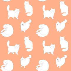 Obraz premium 白色の長毛猫のシームレスパターン 動物・ペットの手描き水彩イラスト背景素材