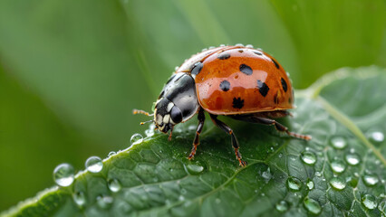 Fototapeta premium Macro Photography of Ladybug on Green Leaf with Dew Drops