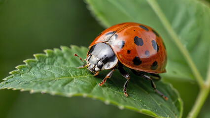 Obraz premium Ladybug on Dewy Green Leaf