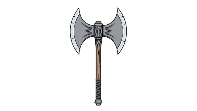 Ornate double-sided battle axe with a decorated handle and sharp steel blades used for fantasy or historical themes.