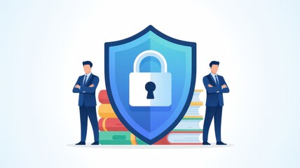 Fototapeta premium Two business men standing beside a large shield with a padlock symbol and stacks of books, shown on a light background with a clean, minimal composition.