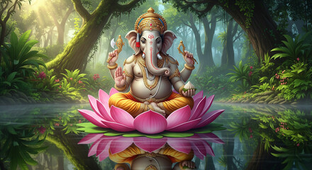 Ganesha sitting on lotus flower sculpture in atranquil water