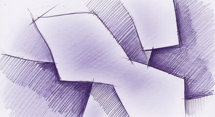 Abstract geometric pencil sketch with purple sharp angles and shaded planes on paper background