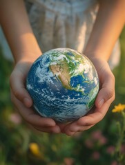Person holding Earth globe in hands, green nature background, symbol of environmental care.