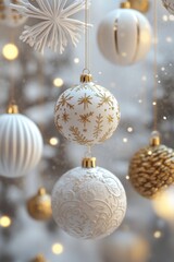 Collection of gold and white Christmas decorations floating in the air.