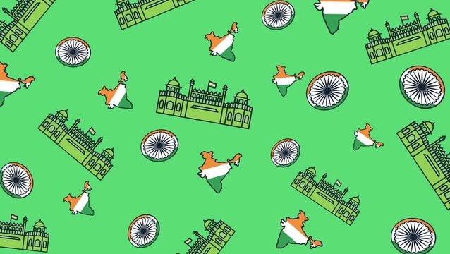 Seamless looping animation featuring India map, Ashoka Chakra, and historic monuments. Clean flat vector style, patriotic theme ideal for national celebrations and educational motion graphics.