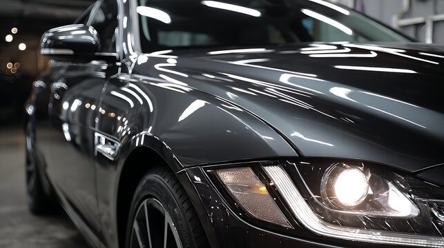 Close-up of a sleek black luxury car with a high-gloss finish and illuminated headlights in a professional detailing workshop
