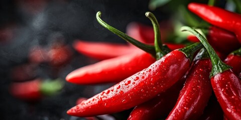 The image shows a close-up view of bright red chili peppers with visible droplets on their surfaces. The focus is sharp on the central pepper, which appears moist and ready to be used in cooking.