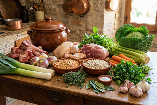 Mesa de Cocina R&uacute;stica con Ingredientes Frescos y Carnes Variadas para la Elaboraci&oacute;n de la Tradicional Escudella i Carn d'Olla
