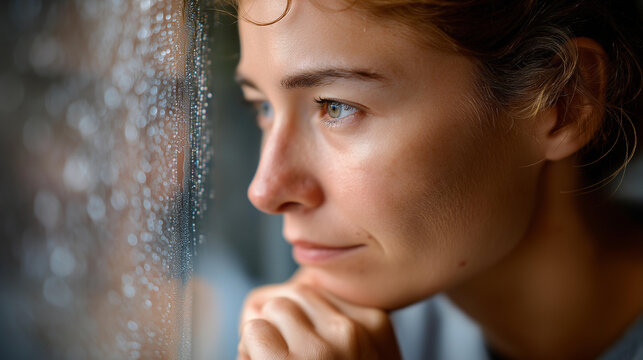 Caregiver burnout concept with woman gazing through fogged window, faceless person, deep thought reflection, atmospheric mood, defocused condensation, with copy space