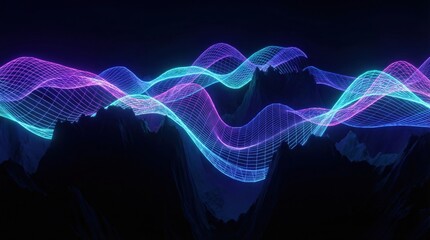 Neon Digital Waves Over Mountains. Ai generation