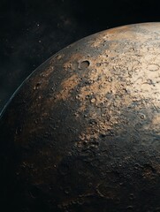 A detailed digital rendering of a celestial body resembling a battered and cratered moon or planet with a textured surface.