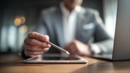 A man in business suit holding a pen, signing. A laptop is visible in the background. Concept of modern tech and leadership.