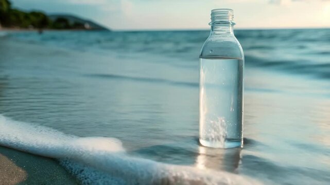 A lone empty glass bottle is left on a sandy beach with gentle waves lapping at the shore. The clear liquid inside the bottle suggests it may have been washed up or abandoned by its previous owner.