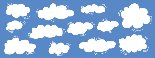 Hand Drawn Cloud Shapes Vector Set for Kids, Nursery and Social Media, Cute Cartoon Sky Elements on Cool Blue Background