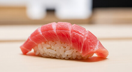Close-up of a delicious tuna sushi nigiri with seasoned rice on a wooden table, beautifully presented for a gourmet meal.