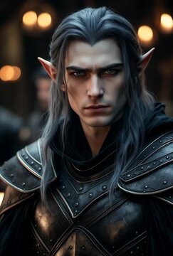 Fantasy elf warrior with silver hair in dark armor in realistic style on dim tavern background, concept of mystical heroism