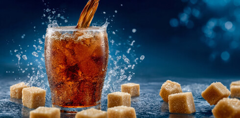 Refreshing Brown Beverage with Ice Cubes and Sugar Splash on Blue Background, Perfect for Summer