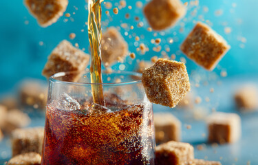 Refreshing Beverage with Ice and Falling Brown Sugar Cubes, Capturing Sweetness in Motion