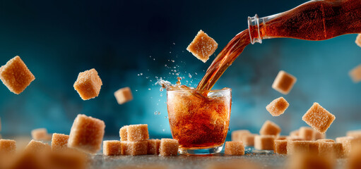 Refreshing Beverage Being Poured into a Glass with Splashes and Floating Sugar Cubes in a Sweet Backdrop
