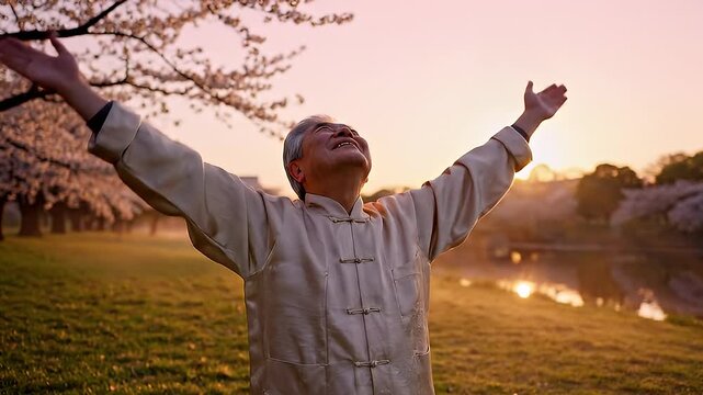 Joyful Child Celebrating Outdoors at Sunset.