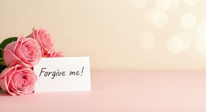 Pink roses arranged elegantly beside a heartfelt note reading "Forgive me," symbolizing reconciliation and the importance of forgiveness in relationships