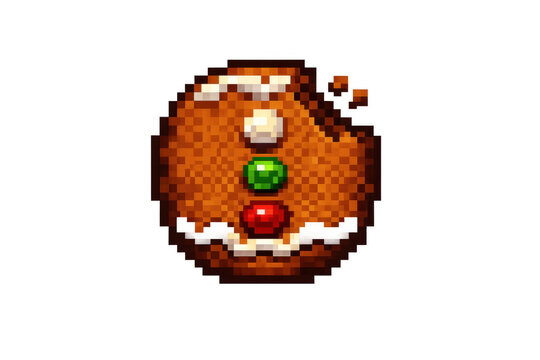 Pixel art gingerbread cookie with a bite taken out, icon for sweet festive food, transparent background