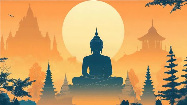A tranquil scene with a meditating Buddha statue at sunset, surrounded by trees and traditional temple structures. The artwork features warm colors and a peaceful atmosphere.