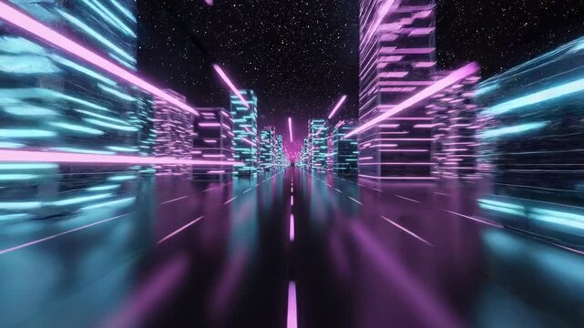 Cyberpunk cityscape road rushes through neon illuminated skyscrapers under a starry night sky with motion blur.