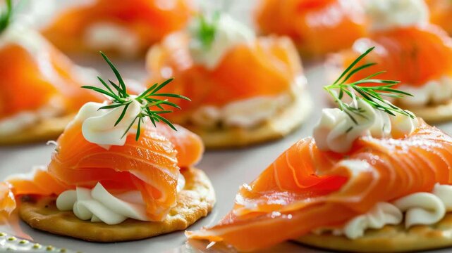 Mouthwatering appetizers featuring smoked salmon and cream cheese on top of crackers, garnished with fresh dill. Perfect for parties or a light meal.