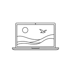 Laptop displays a serene beach scene with a bird flying near the sun.