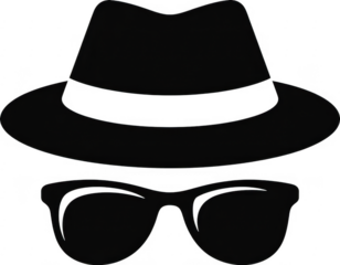 Black fedora hat and sunglasses outline fashion isolated on a transparent background