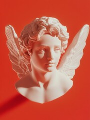 A three-dimensional depiction of a classical angel statue cast in shadow against a vibrant red background.