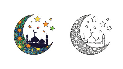 Ramadan themed illustrations featuring a crescent moon stars and a mosque silhouette