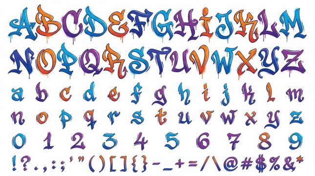 font alphabet in graffiti calligram style from a to z numbers punctuation isolated on white background