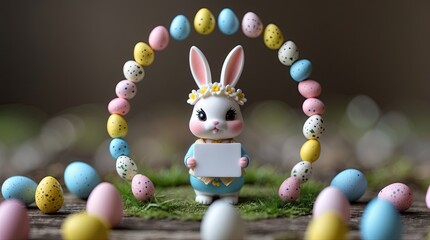 Macro Photography of Tiny Chibi Bunny Figurine Holding Blank Card with Easter Egg Arch