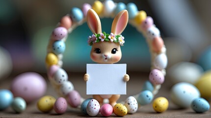 Macro Photography of Tiny Chibi Bunny Figurine Holding Blank Card with Easter Egg Arch