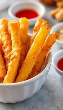 Golden fried dough sticks, known as youtiao or cakwe, beautifully presented in a white bowl, a culinary delight, youtiao,  cakwe