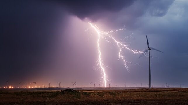 A dramatic scene featuring lightning striking near a wind turbine, under ominous storm clouds, showcasing nature's power and renewable energy.