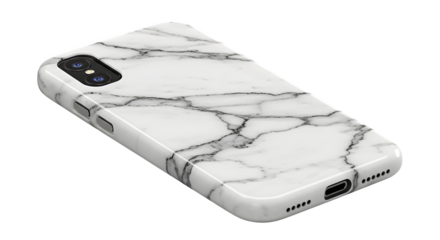 White marble texture covers a glossy phone case. Modern style. Product mockup, e-commerce visuals, social media designs.