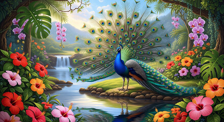Majestic peacock spreads vibrant feathers in serene forest setting by the river
